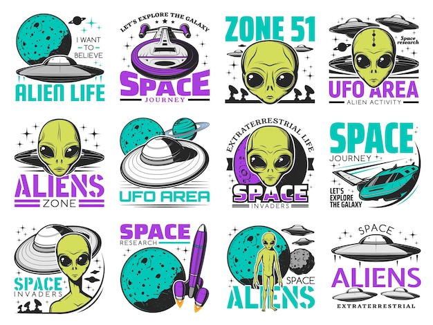 Aliens ufo area and space shuttles vector icons