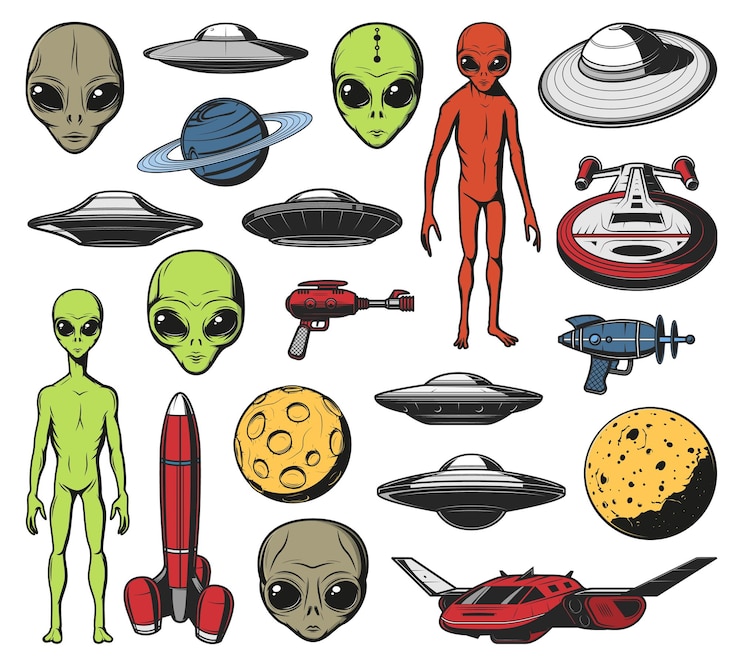 Vector aliens ufo en space shuttles vector retro iconen