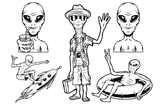 Aliens on vacation, rocket and rubber ring