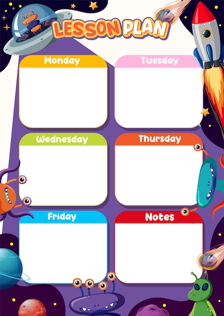 Vector alienthemed weekly lesson plan with note template
