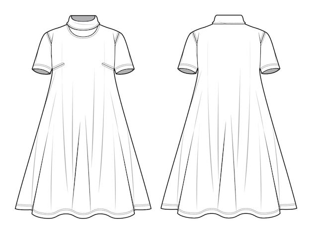 Aline dress front and back view flat sketch vector illustration template