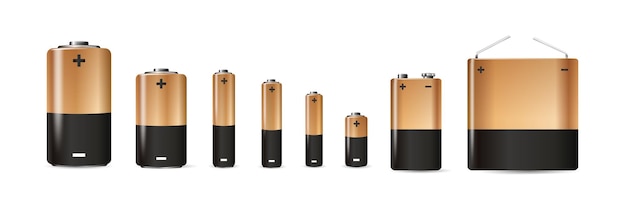 Щелочные батареи реалистичный набор различных типов батарей размер постоянного тока аа ааа аааа v вектор