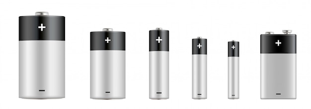Щелочные батареи реалистично установлены. Типы батарей. Размеры - D, C, AA, AAA, AAAA, PP3. Щелочная батарея с разными размерами.