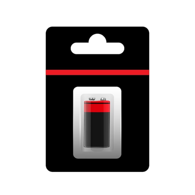 Vector alkaline battery in paper blister and battery icon set closeup isolated aa size design template