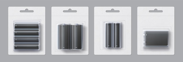 Alkaline metalen batterij leeg pakket realistische mockup. Wegwerp elektrische accumaten in papier en plastic verpakking vector sjabloon set