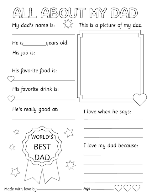 All about dad gift for Father's Day printable coloring card for kids dad gift writing practice