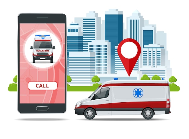 all ambulance car via mobile phone, emergency call. Ambulance car, hands dialing number ambulance service operator, hospital building. Sos mobile concept for web banner, web site, infographics.