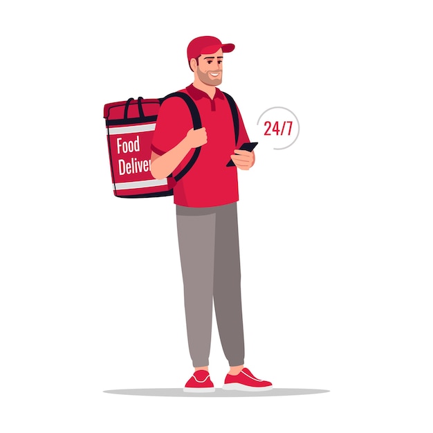 Vector all day package delivery semi flat rgb color vector illustration. 24 7 courier services for around clock shipping. caucasian male courier in red uniform isolated cartoon character on white background