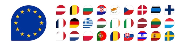 All Europe Flags round rectangle flat buttons isolated on white