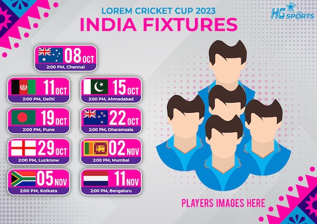 Vector all fixtures of india in world cricket championship 2023