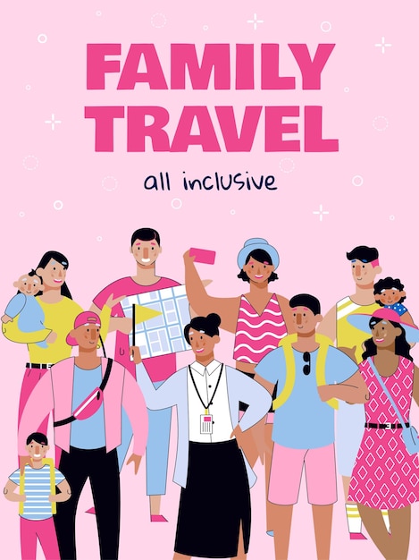 Vector all inclusive family travel poster with cartoon people on summer vacation