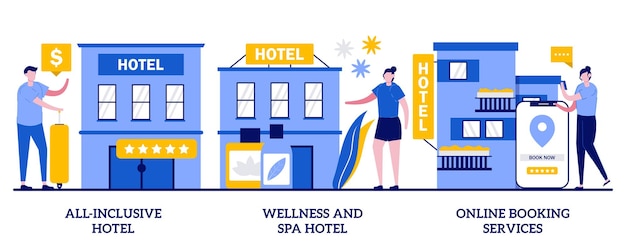オールインクルーシブホテル、ウェルネス＆スパホテル、小さな人々とのオンライン予約サービスのコンセプト。ホスピタリティ業界の抽象的なベクトルイラストセット。高級ホテル、部屋予約の比喩。