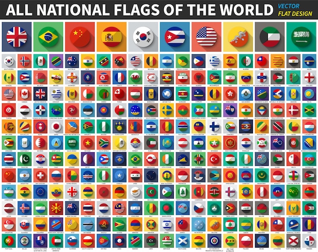 All national flags of the world . Flat color and long shadow design . Vector .