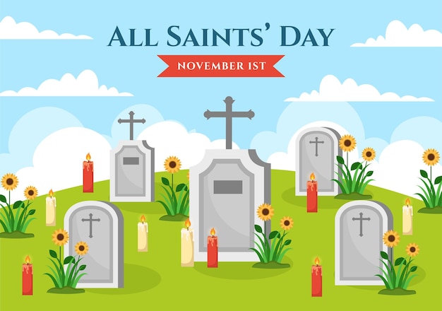 All saints day illustration on 1st november with for the soul remembrance celebration with candle