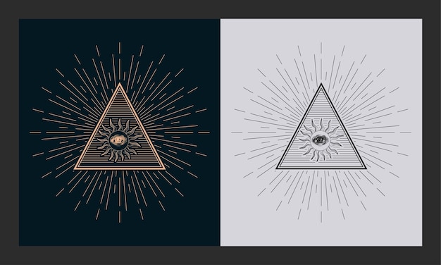 All seeing eye freemason symbol in triangle vector with engraving style