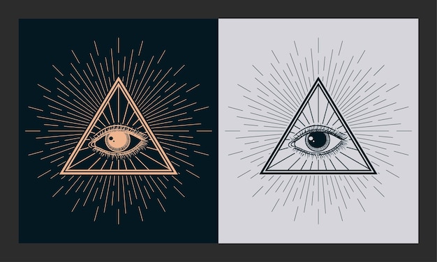 All seeing eye freemason symbol in triangle vector with engraving style