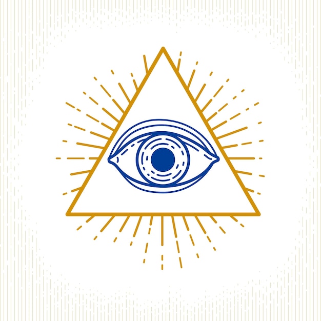 Occhio di dio che tutto vede nel triangolo della geometria sacra, simbolo della muratura e degli illuminati, logo vettoriale o elemento di design dell'emblema.