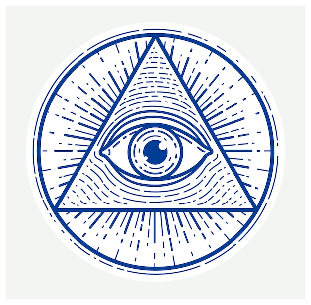 Occhio di dio che tutto vede nel triangolo della geometria sacra, simbolo della muratura e degli illuminati, logo vettoriale o elemento di design dell'emblema.