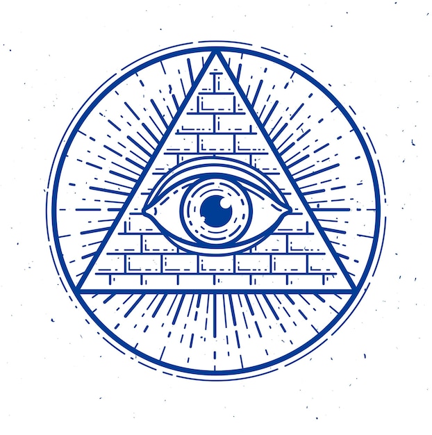 Vettore occhio di dio che tutto vede nel triangolo della geometria sacra, simbolo della muratura e degli illuminati, logo vettoriale o elemento di design dell'emblema.