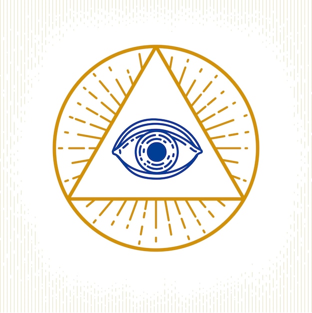 All seeing eye of god in sacred geometry triangle, masonry and illuminati symbol, vector logo or emblem design element.