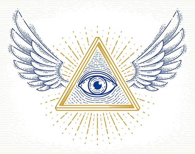 Всевидящее око бога в треугольнике сакральной геометрии с птичьими крыльями сокола или ангела, символом каменной кладки и иллюминатов, векторным логотипом или элементом дизайна эмблемы.