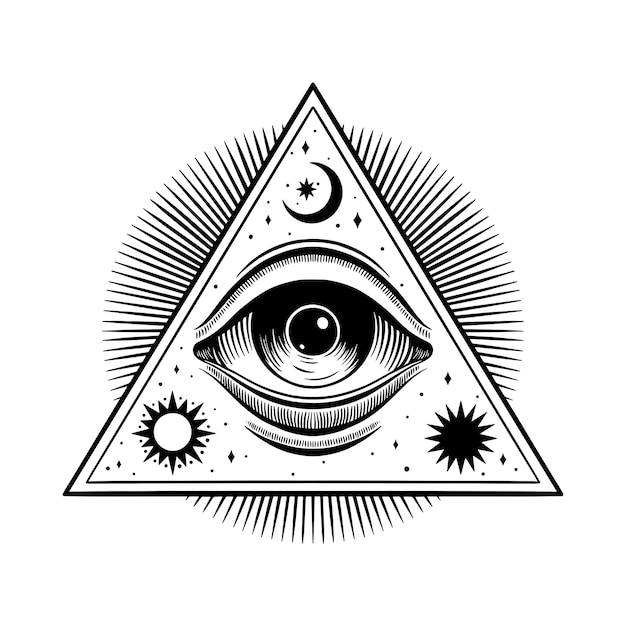 Tutto l'occhio vedente illuminati piramide simbolo illustrazione vettoriale.