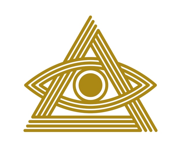 All seeing eye in triangle pyramid vector ancient symbol in modern linear style isolated on white, eye of god, masonic sign, secret knowledge illuminati.