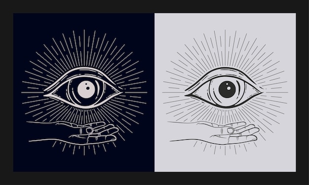 Vector all seeing eye with hand symbol vector illustration engraving style