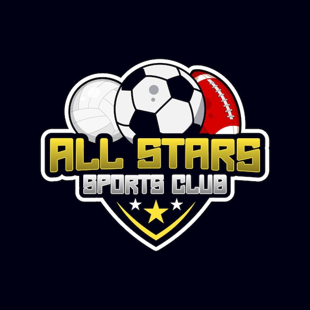 Vettore concetto di logo del club sportivo di tutte le stelle e modello modificabile delle illustrazioni della palla sportiva