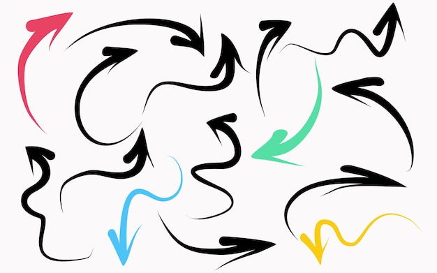 Все типы красочных направленных стрелок Инфографические элементы на изолированном белом фоне Ручной рисунок