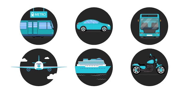 Tutti i tipi di trasporto. metro o metropolitana, auto, autobus, aereo, nave e moto