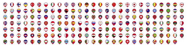 Флаги всех стран мира с маркером места на карте. векторная иллюстрация