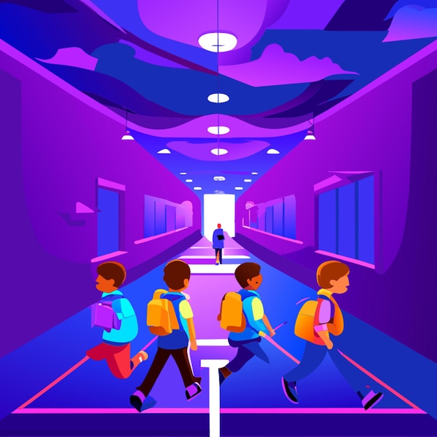 Vector alle kinderen lopen op een rechte lijn naar binnen de klas vector illustratie