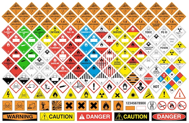 Alle klassen van gevaarlijke stoffen borden vector geïsoleerde plakkaten label collectie