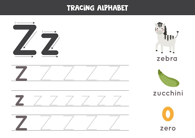 Alle letters van het engelse alfabet traceren. voorschoolse activiteit voor kinderen. hoofdletters en kleine letters z schrijven. leuke illustratie van zebra, nul, courgette. afdrukbaar werkblad.