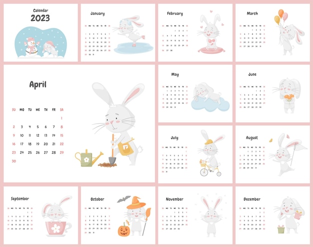 Vector alle pagina's van de kalender voor 2023 met een schattig konijnenkarakter het chinese symbool van het jaar een reeks illustraties met een kinderkarakter in pastelkleuren vector op een witte achtergrond