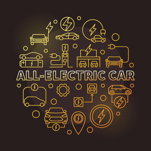 Vector allelectric car round vector golden illustration in outline style