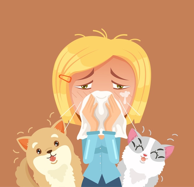 Allergic to domestic animals. woman character sneeze.