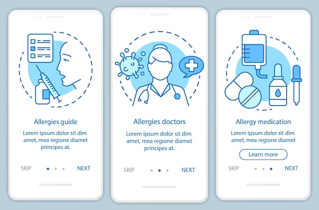 Allergie medische hulp onboarding mobiele app paginascherm met lineaire concepten. allergieën gids, artsen, medicatie walkthrough stappen grafische instructies. ux, ui, gui vectorsjabloon met illustraties