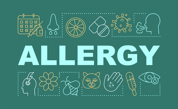 Allergie woord concepten banner. Allergenen, niezen, hoesten, koorts, rhinitis, jeuk. Presentatie, website. Geïsoleerde belettering typografie idee met lineaire pictogrammen. Vector overzichtsillustratie