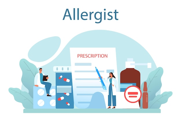 Vector allergist concept disease with allergy symptom medical allergology diagnostic testing and treatment care for health vector illustration in flat style