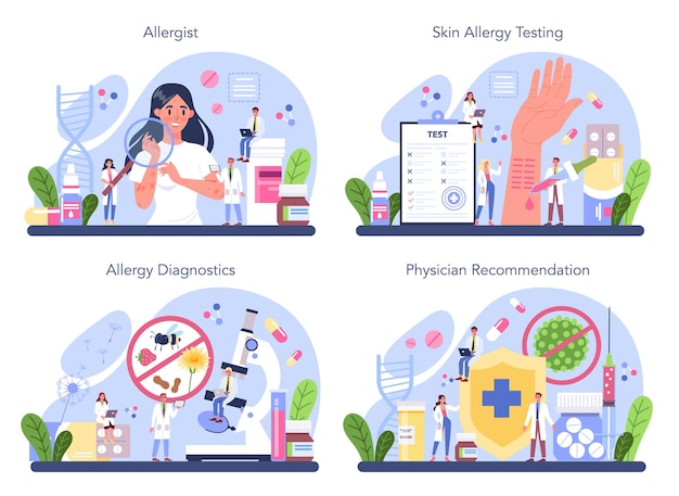 アレルギー専門医のコンセプトセット。アレルギー症状を伴う疾患、医学的アレルギー診断、検査および治療。健康管理。
