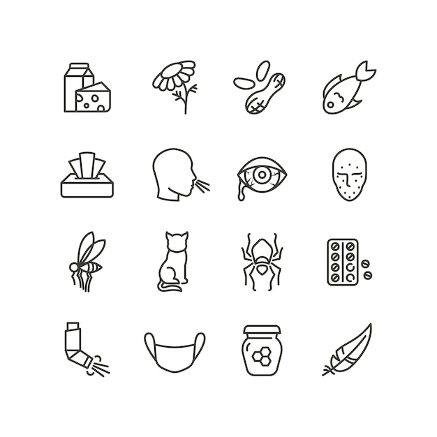 Vector allergy and rhinitis symptoms line icons. allergic and allergen outline vector medicine symbols isolated