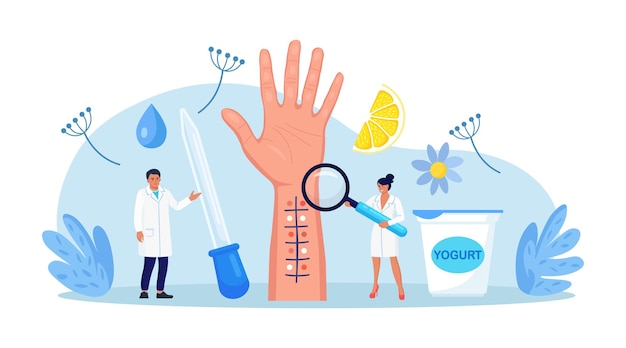Vector allergy test hand with incisions for testing for allergens doctors warning against eatingproducts