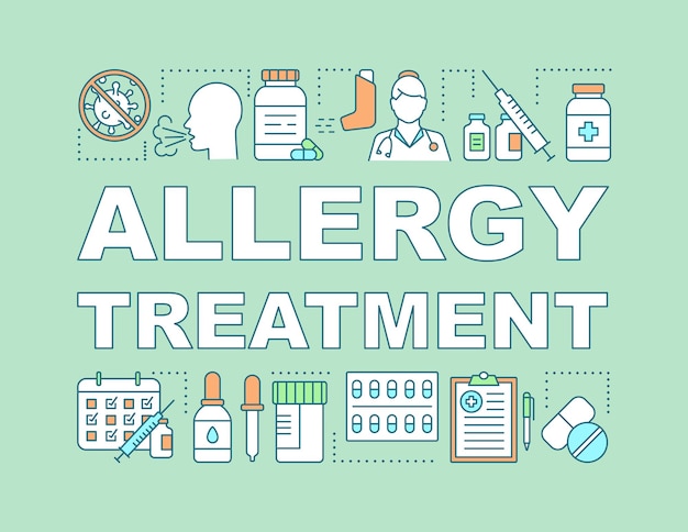 Allergy treatment word concepts banner. Allergic disease prevention. Presentation, website. Vaccination, immunization. Isolated lettering typography idea with linear icons. Vector outline illustration