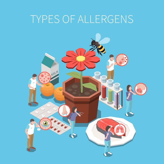 음식 곤충 애완 동물 꽃가루 과민증 약물 배경 벡터 일러스트와 함께 사람들을 묘사한 알레르기 유형 아이소메트릭 교육 구성