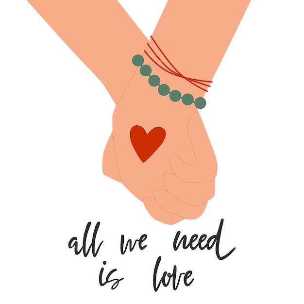 Alles wat we nodig hebben is Love quote Holding Hands with Heart geïsoleerd op een witte achtergrond