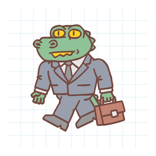 Alligator character holding briefcase and goes. Hand drawn character. Vector Illustration