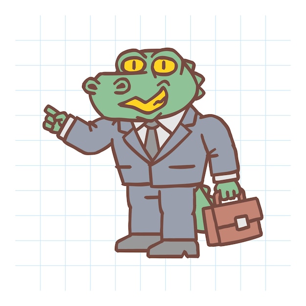 Alligator character holding briefcase and points finger at Hand drawn character