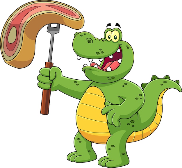 Alligator Or Crocodile Cartoon Mascot Character Holding A Raw Steak On BBQ Fork